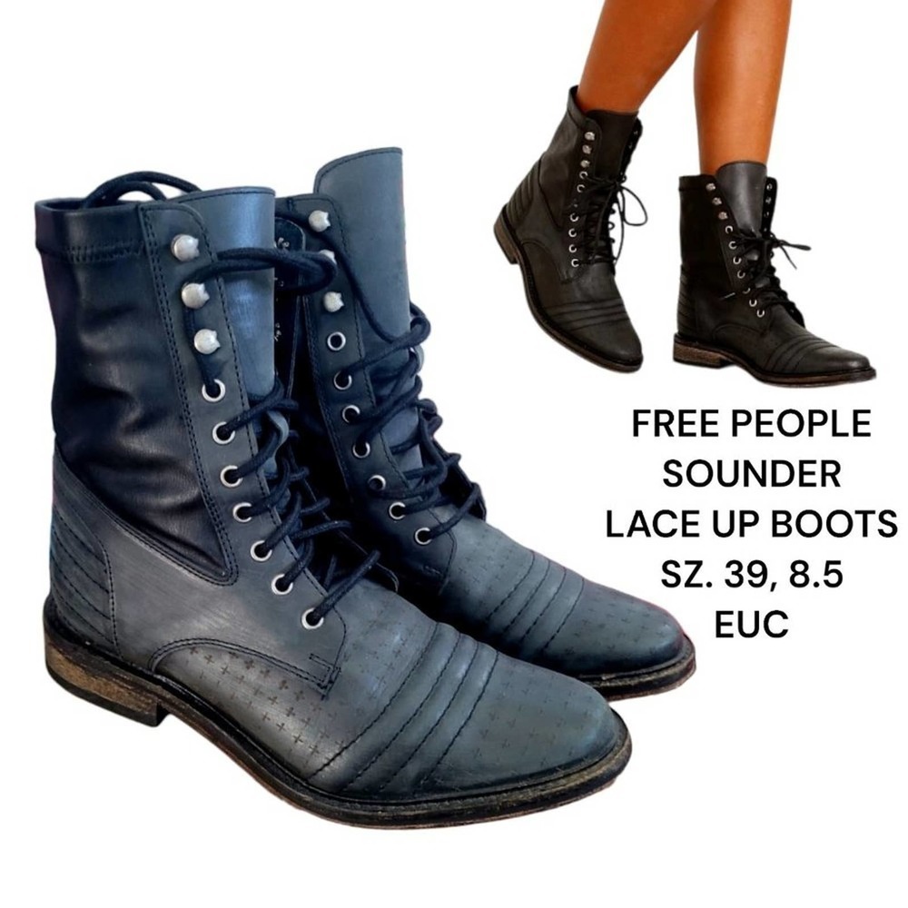 Free People Navy Lace-Up Moto Boots